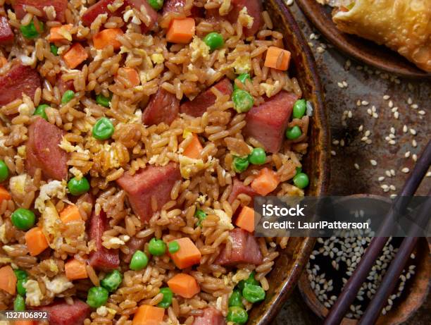 Fried Rice With Fried Spiced Ham Stock Photo - Download Image Now - Fried Rice, Pork, Spiced Ham