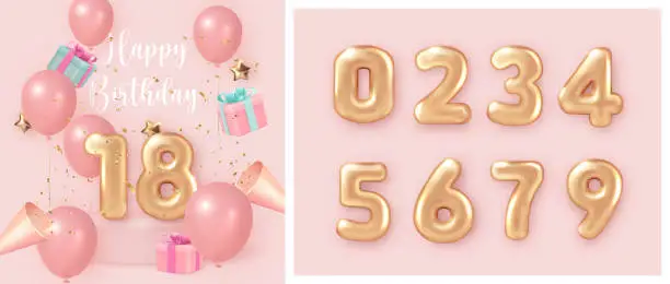 Vector illustration of Elegant girlsih pink ballon Happy Birthday celebration present gift box party popper and set of golden numer text