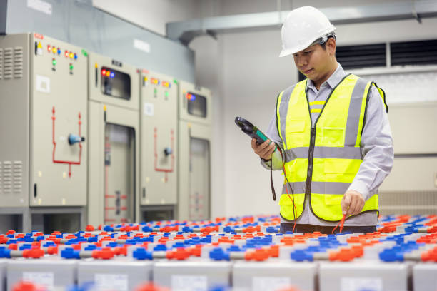istock Engineering electrician used digital tester battery in power room backup 1327111307
