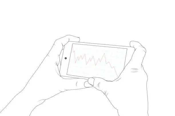 Vector illustration of Economy, finance, chart, budget, stock market, money, smart phone, mobile phone, phone, hand.