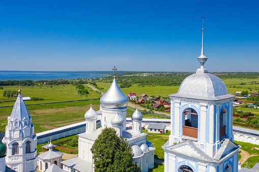Aerial drone view of Nikitskiy monastery in Pereslavl Zalessky, Yaroslavl Region, Russia. Summer sunny day. Touristic Golden ring of Russia.