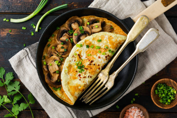 istock Fresh Scrambled Egg, omelette or frittata with mushrooms, onions and fresh herbs on cast iron skillet. Top view with copy space. 1327112091