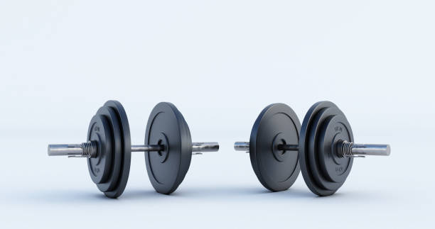 istock 3d render of Stylish Iron Barbell, dumbbell isolated on white background. High resolution, Gym equipment, 1327112559