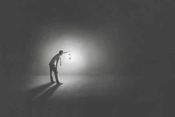 Illustration of man with lantern in the dark, surreal concept Illustration of man with lantern in the dark, surreal concept maze silhouettes stock illustrations