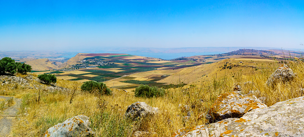 Panoramic view of countryside and the Sea of Galilee from the Horns of Hattin. Northern Israel