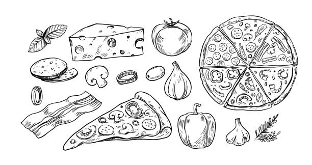 pizza-set, skizze stil, doodle. hand gezeichnete vektor-illustration. ideal für menü, poster oder etikett. - mozzarella stock-grafiken, -clipart, -cartoons und -symbole