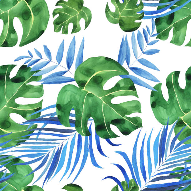 白い背景にトロピカルブルーのフロンドと緑の怪物のシームレスなパターン。花柄の水彩画の描き方。招待、紙に印刷、生地に最適な明るい夏のデザイン。 - pattern coconut palm tree frond textile点のイラスト素材／クリップアート素材／マンガ素材／アイコン素材