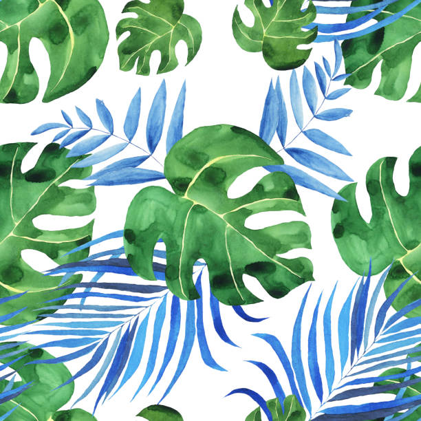 ilustrações, clipart, desenhos animados e ícones de padrão perfeito de frond azul tropical e monstro verde no fundo branco. ilustração de desenho manual de aquarela de textura floral. design de verão brilhante perfeito para convite, impressão em papel, tecido. - pattern coconut palm tree frond textile