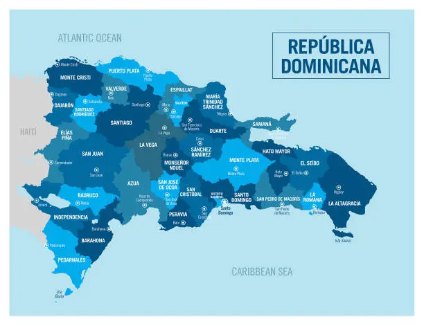 Vector illustration of Republica Dominicana, Dominican Republic political map. Detailed vector illustration with isolated provinces, regions, islands, departments and cities, easy to ungroup.