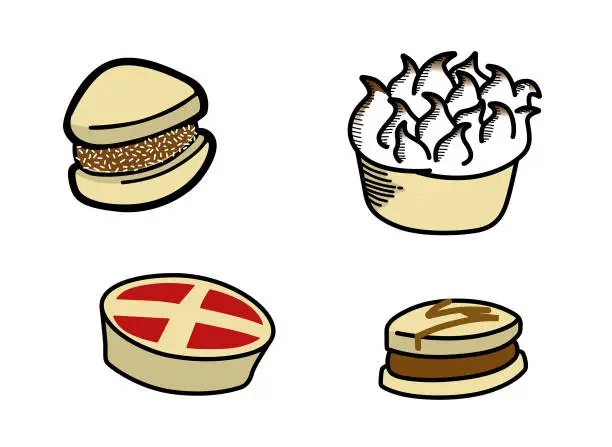 Vector illustration of Sweets, alfajor, pastry, lemon pie, milk caramel, dulce de leche. Color hand drawn style vector illustration.