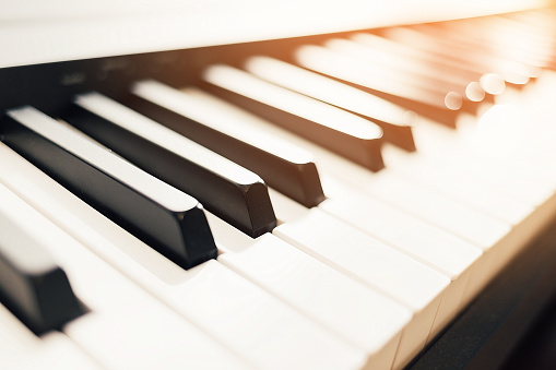 These are close-up digital piano keys with a side light of sunlight. Musical instrument training