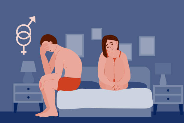 ilustraciones, imágenes clip art, dibujos animados e iconos de stock de impotencia y disfunción eréctil. mujer triste y hombre en la cama por la noche después de malas relaciones sexuales. prostatitis y cáncer de próstata. un pene flácido suave es frustrante para el paciente. stock vector interior. - sexual activity sex couple sensuality