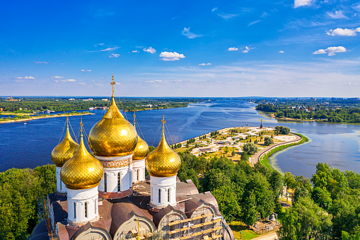 Aerial drone view of Strelka park and Assumption Cathedral in summer. Yaroslavl city, touristic Golden Ring in Russia.