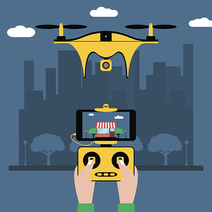 Drone and remote control. Hands hold a radio controller with screen to quadcopter flying over city. Quadricopter with a video camera. Vector illustration.