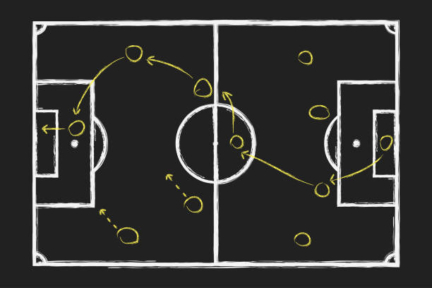 istock Soccer game strategy. Chalk hand drawing with football tactical plan on blackboard . Vector 1327122647