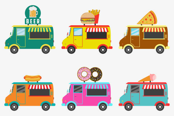 illustrations, cliparts, dessins animés et icônes de camions de restauration rapide. ensemble de magasins de rue sur van - bière, beignet, burger et français frites, hot dog, crème glacée, pizza. illustration vectorielle - liquor store