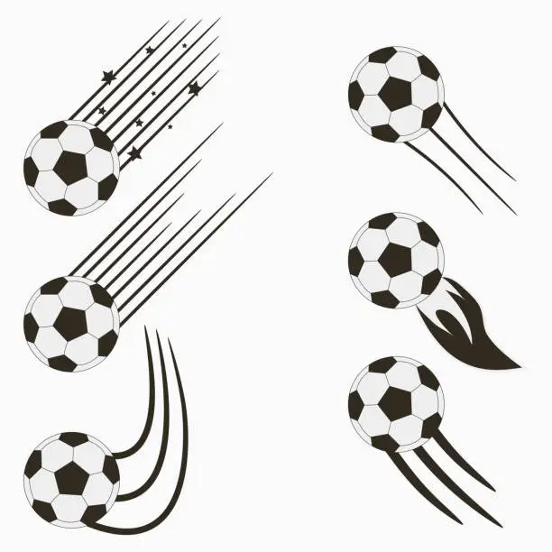 Vector illustration of Soccer or European Football flying balls set with speed motion trails. Graphic design for sports logo. Vector