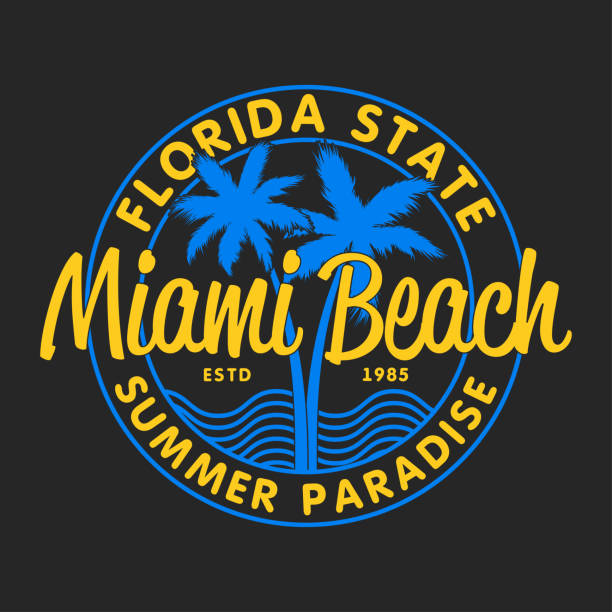 stockillustraties, clipart, cartoons en iconen met miami beach, florida state - typography for design clothes, t-shirts with palm trees and waves. graphics for print product, apparel. vector - tropical surf