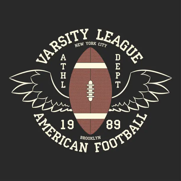 Vector illustration of American football varsity league print logo. Graphic design for t-shirt, sport apparel. Typography for clothes. Vector