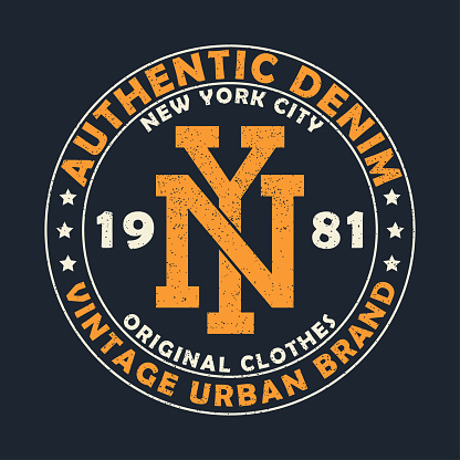 New York authentic denim, vintage urban brand graphic for t-shirt. Original clothes design with grunge. Retro apparel typography print. Vector illustration.