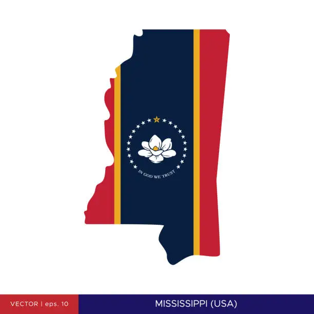 Vector illustration of Map and Flag of Mississippi (USA) Vector Stock Illustration Design Template.