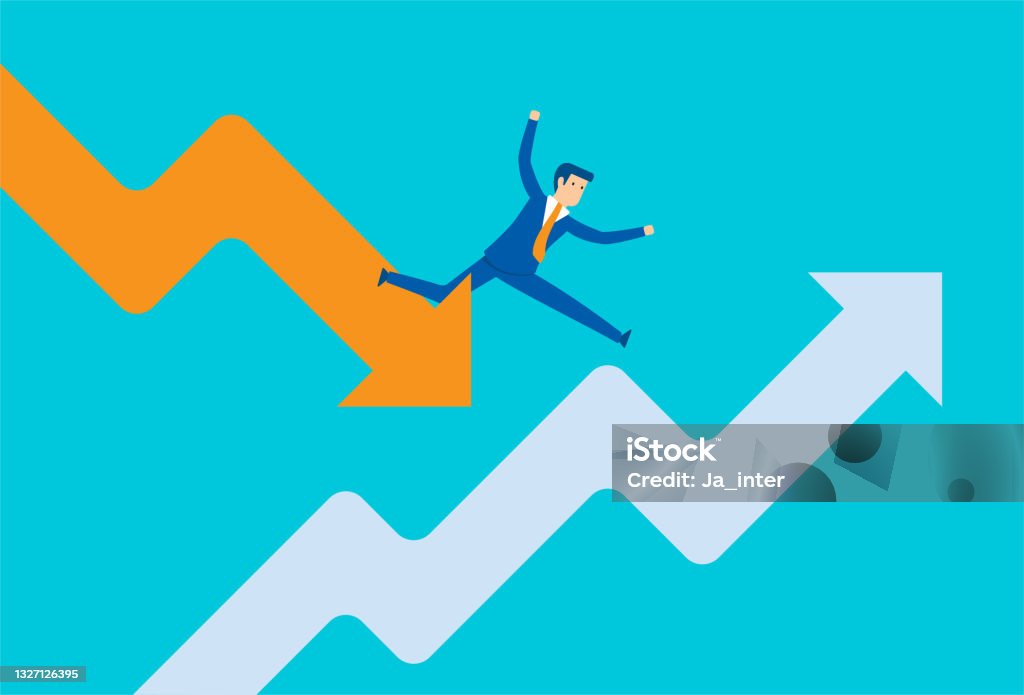 Fall Then Rise Arrow Businessman Working On Rise And Fall Arrows Stock Illustration ...