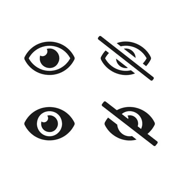 Vector illustration of Vision and invisible eyes vector icons set. See and unsee black symbols isolated. Vector illustration EPS 10