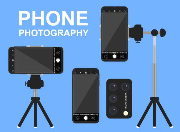 Vector illustration of Phone photography with tripod and remote control on blue background