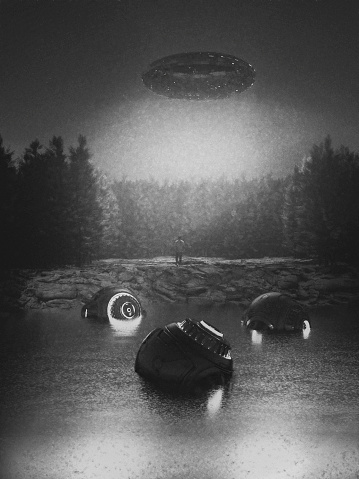 Man walking towards UFO in the forest, 3D generated image.