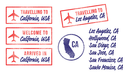 Vector illustration of California air travel rubber stamps. Travelling to, Welcome to, Arrived in, rubber stamps with different cities in California USA (Los Angeles, Hollywood, San Diego, San Francisco etc.)