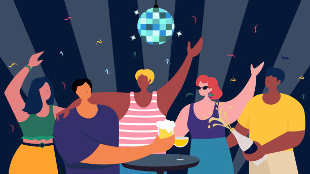 ilustrações de stock, clip art, desenhos animados e ícones de group people of male and female friends - friends party