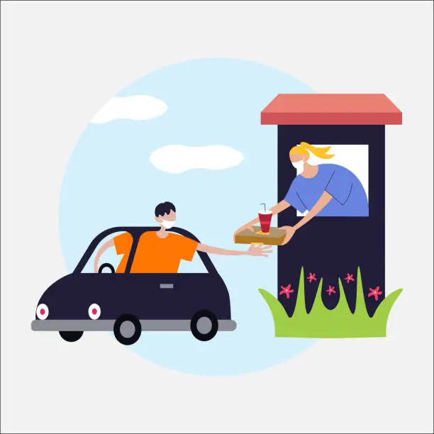 Vector illustration of Young man picking up his restaurant food from her car