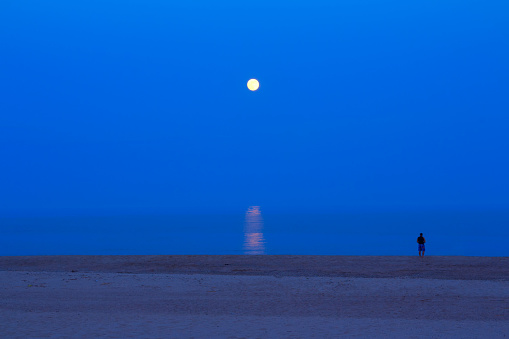 Man standing on the seaside with moonlight . Full moon over the sea