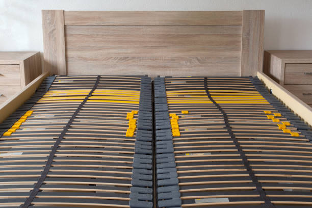 istock Slatted base, wooden element double bed frame close up in bedroom orthopedic 1327134516