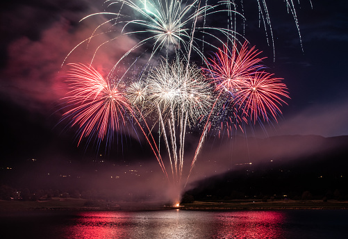 Independence day (July 4th) fireworks in USA at southwest Colorado Springs, Colorado in western USA. This is a long exposure near the beginning of a 16 minute event. John Morrison - Photographer