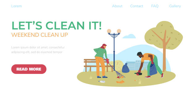 ilustrações, clipart, desenhos animados e ícones de site para locais da cidade limpar evento de voluntariado, ilustração vetorial plana. - mulher catando lixo