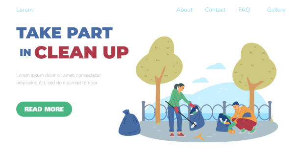 ilustrações, clipart, desenhos animados e ícones de site para voluntariado atividade de limpeza altruísta, ilustração de vetor plano. - mulher catando lixo