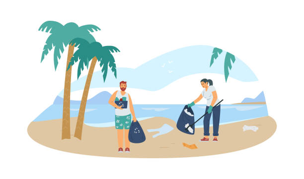 ilustrações, clipart, desenhos animados e ícones de banner de limpeza da praia com voluntários coletando resíduos, ilustração de vetor plano. - mulher catando lixo