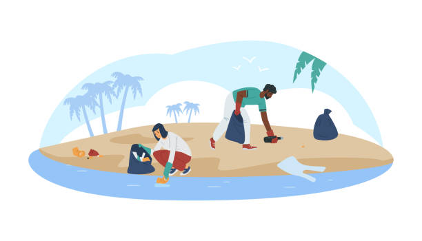 Eco volunteers doing coastal clean up, flat vector illustration isolated. Group of eco volunteers doing coastal clean up, flat vector illustration isolated on white background. Decorative banner with people cleaning up beach. environmental cleanup stock illustrations