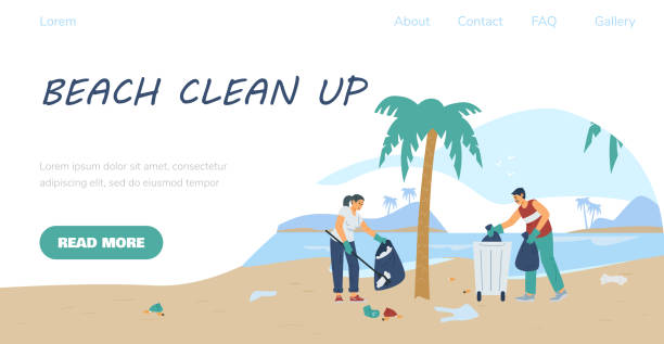 ilustrações, clipart, desenhos animados e ícones de praia limpar conceito de evento de voluntariado de ilustração vetorial plana de página web. - mulher catando lixo