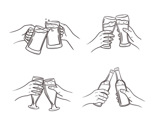 pij piwo rzemieślnicze z przyjacielem z butelki, szklanki, tankard. dwie ręce klinkierki z niskim alkoholu napojów w stylu doodle. ilustracja szkicu wektorowego izolowana na białym - clink stock illustrations