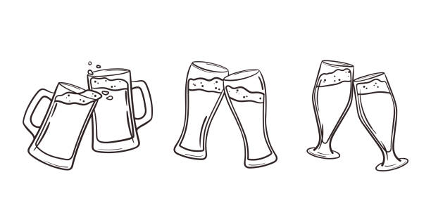 ilustrações de stock, clip art, desenhos animados e ícones de two gig glasses with craft beer, foam, and bubbles. clinking glasses, tankards in doodle style. low alcohol drinks in hand drawn sketch. vector illustration isolated on white - beer glass