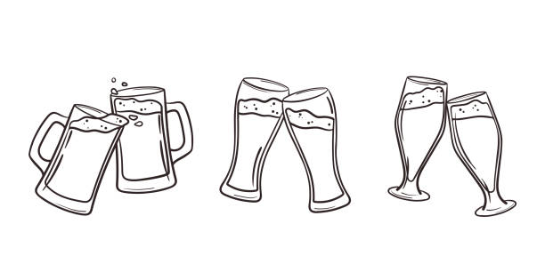 Two gig glasses with craft beer, foam, and bubbles. Clinking glasses, tankards in doodle style. Low alcohol drinks in hand drawn sketch. Vector illustration isolated on white Two gig glasses with craft beer, foam, and bubbles. Clinking glasses, tankards in doodle style. Low alcohol drinks in hand drawn sketch. Vector illustration isolated on white background beer glass stock illustrations
