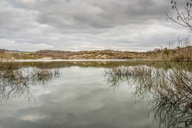 Glebe Lake in winter, in Meeth Quarry Nature Reserve, Devon, England. Wintry grey day.