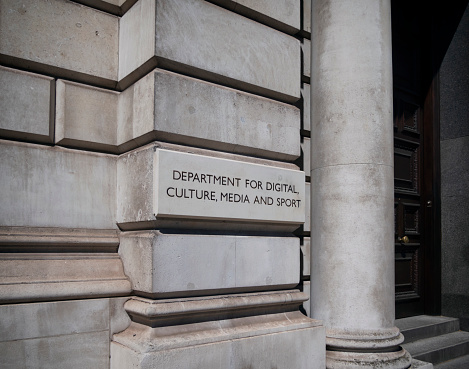 Sign outside the Department for Digital, Culture, Media and Sport in Westminster, London.