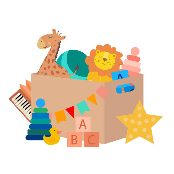 kinderspielzeug in einer box. giraffe, löwe, kugel, pyramide, ente, sternförmiges nachtlicht. - pyramid shaped stock-grafiken, -clipart, -cartoons und -symbole