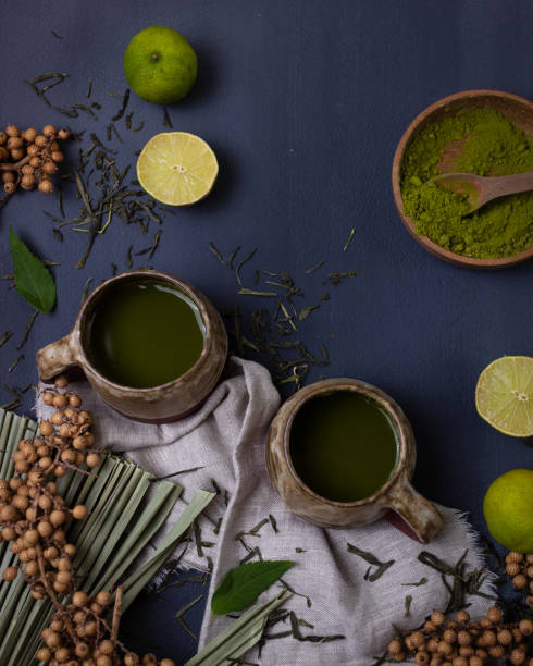istock Matcha Green Tea in Ceramic Cups with Green Leaves on Top View 1327140409
