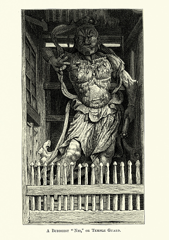 Vintage illustration of Nio, Buddist Temple Guardian, Japan, 19th Century. Niō are wrathful and muscular guardians of the Buddha standing today at the entrance of many Buddhist temples in East Asian Buddhism in the form of frightening wrestler-like statues.
