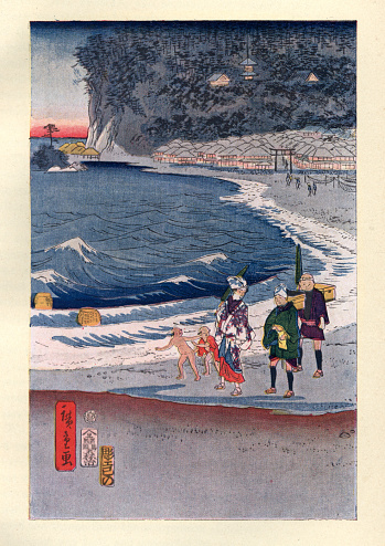 Vintage illustration of People walking on beach, Sea, Waves, Children, Village, Japanese Ukiyo-e art