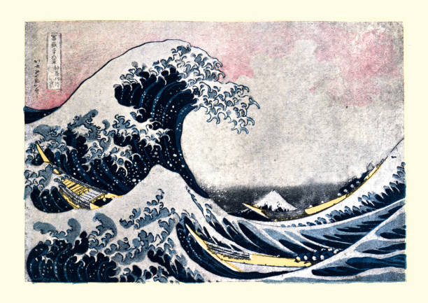 the great wave off kanagawa, after hokusai, japanese ukiyo-e art - huşu illüstrasyonlar stock illustrations